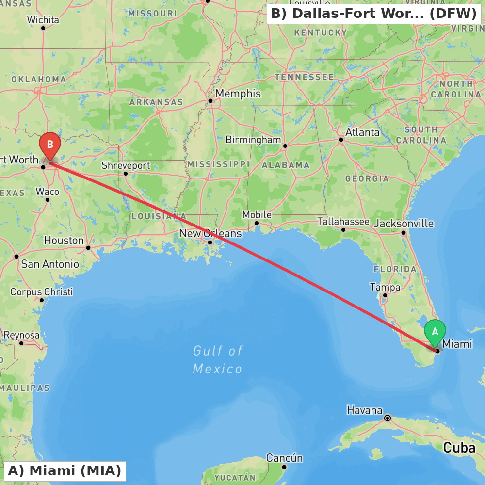 Flight route map from Miami to Dallas-Fort Worth