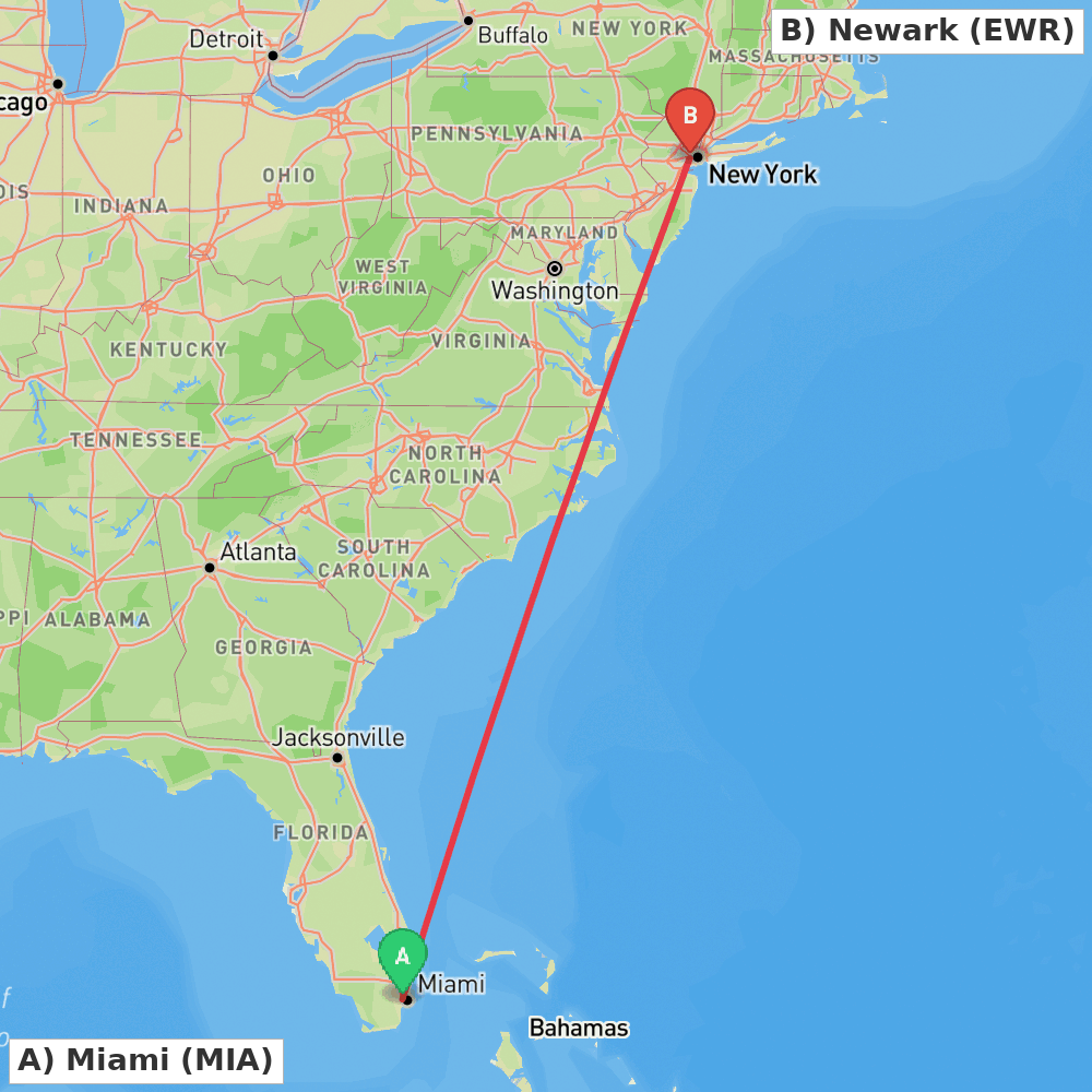 Flight route map from Miami to Newark