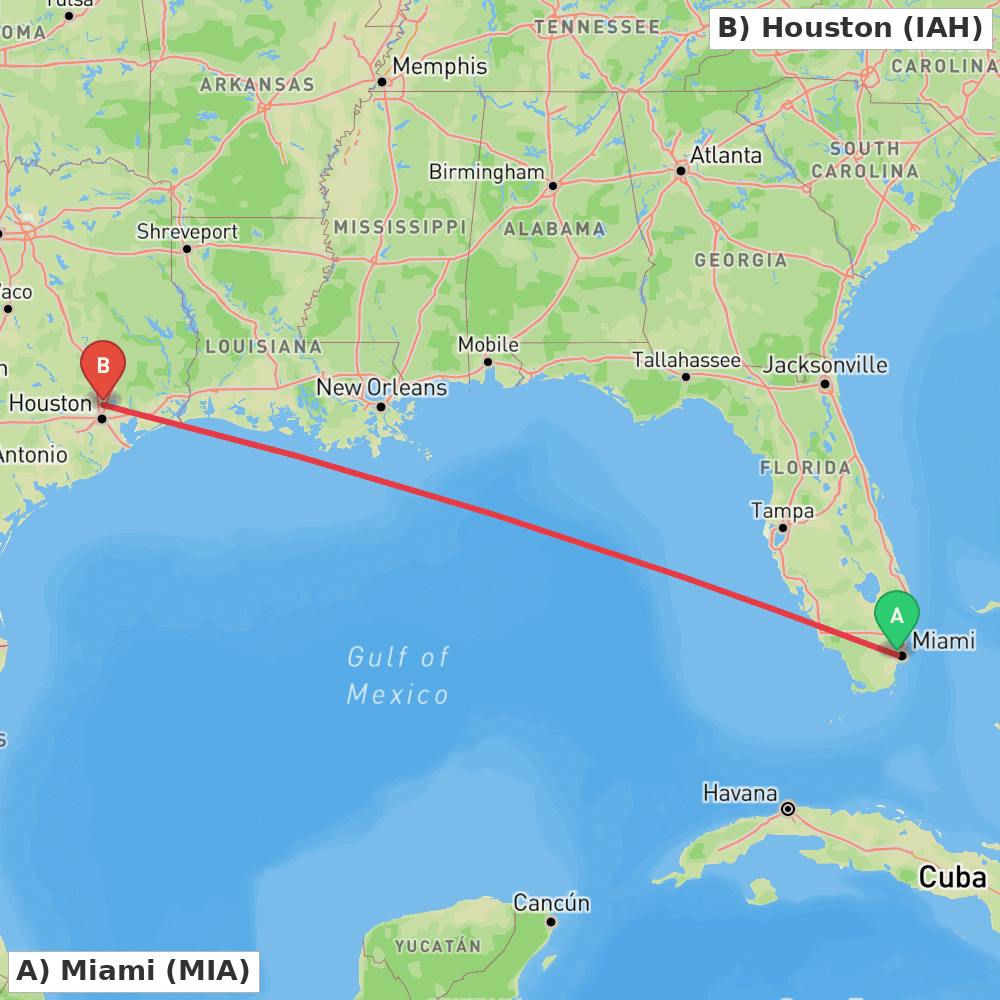 Flight route map from Miami to Houston