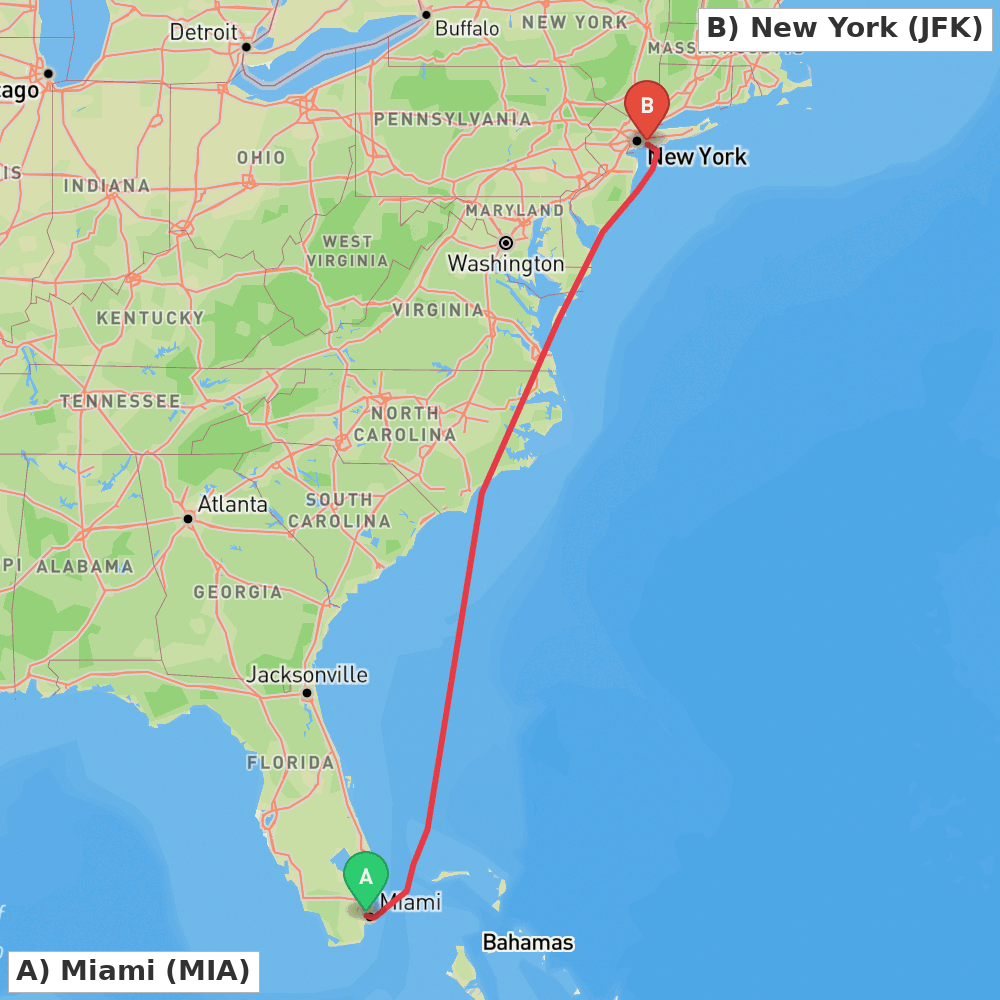 Flight route map from Miami to New York