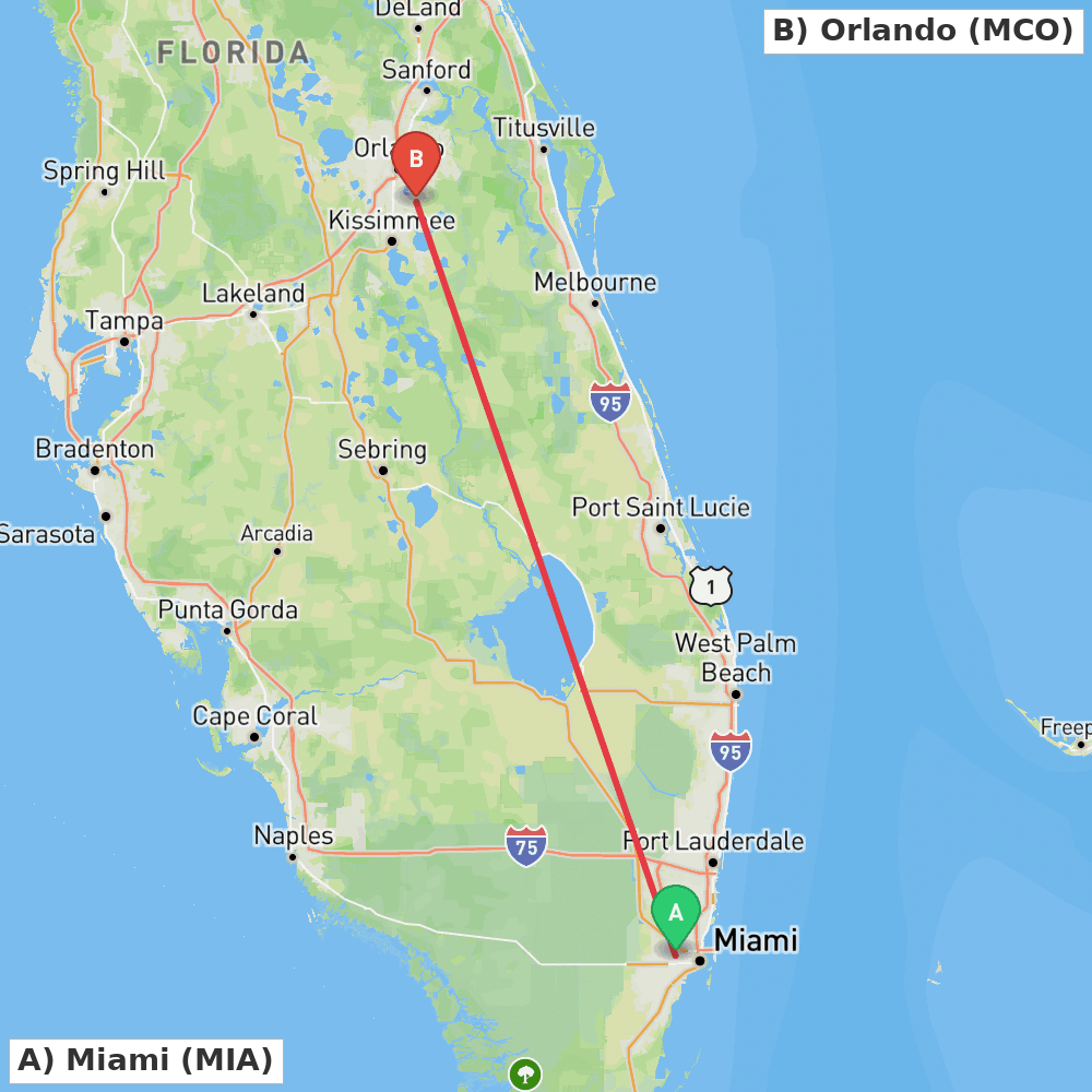 Flight route map from Miami to Orlando