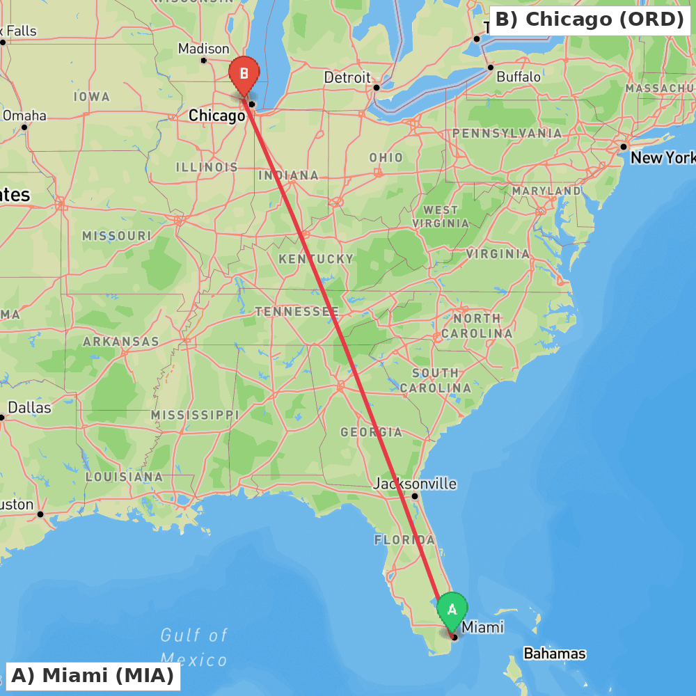 Flight route map from Miami to Chicago