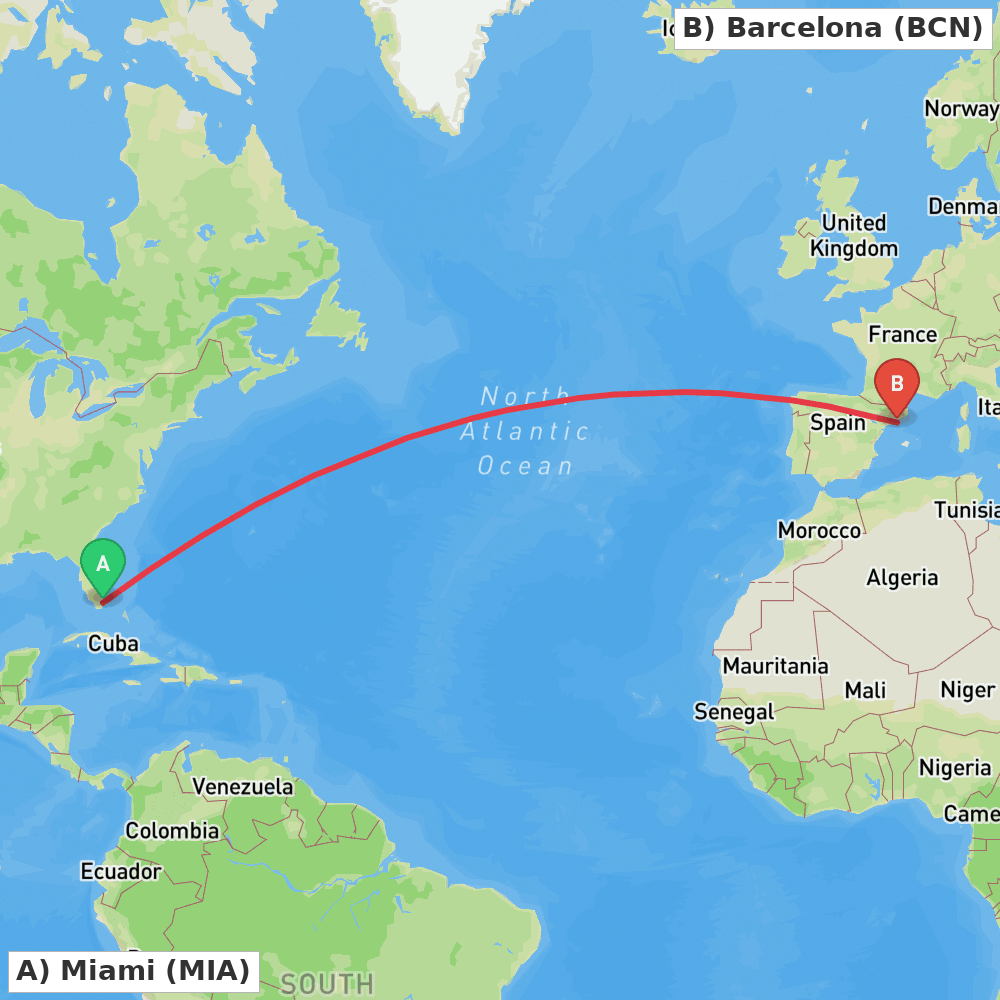 Flight route map from Miami to Barcelona