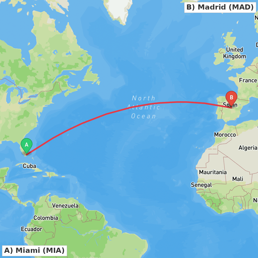 Flight route map from Miami to Madrid