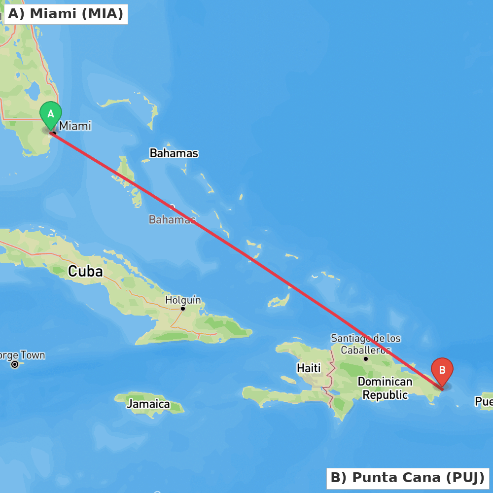 Flight route map from Miami to Punta Cana