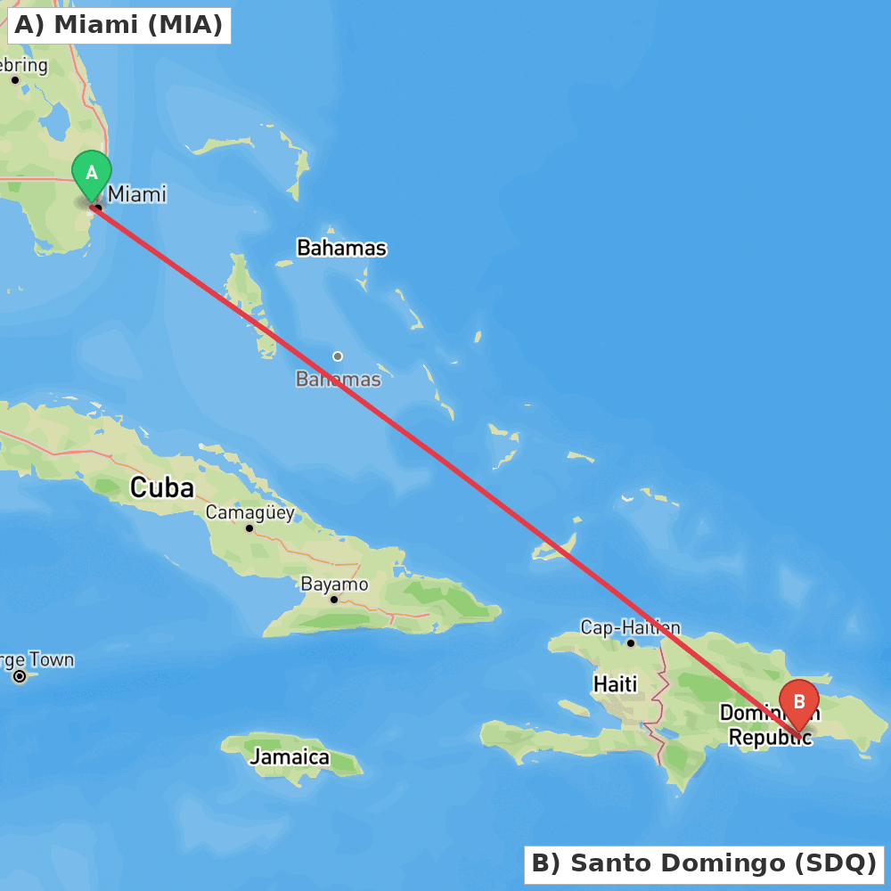 Flight route map from Miami to Santo Domingo