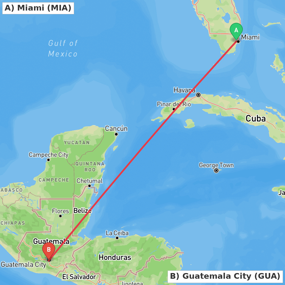 Flight route map from Miami to Guatemala City