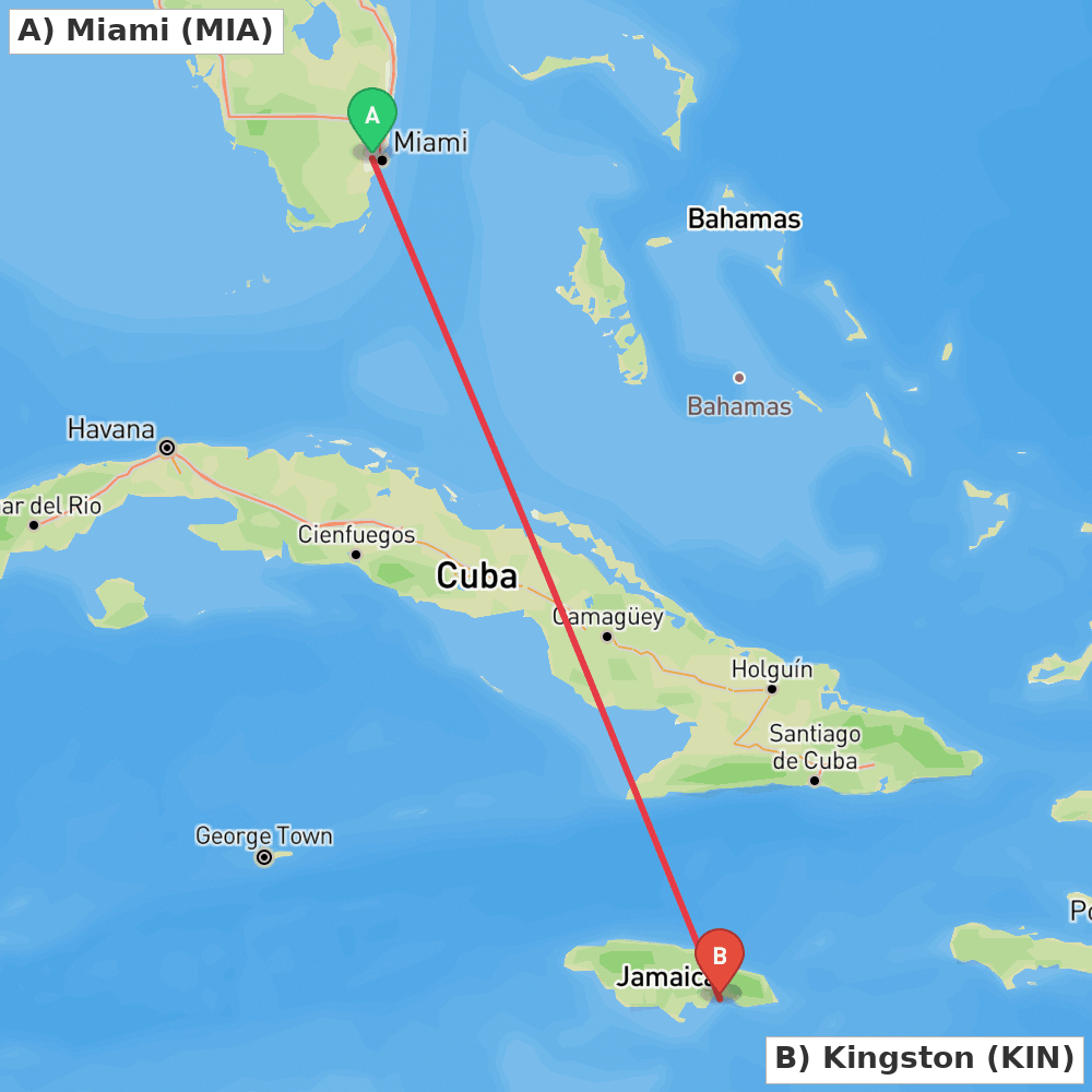 Flight route map from Miami to Kingston