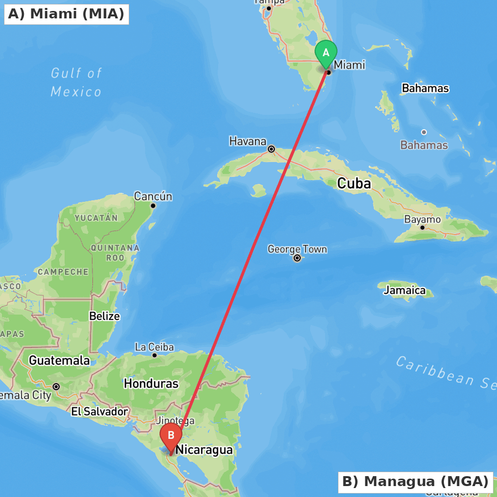 Flight route map from Miami to Managua