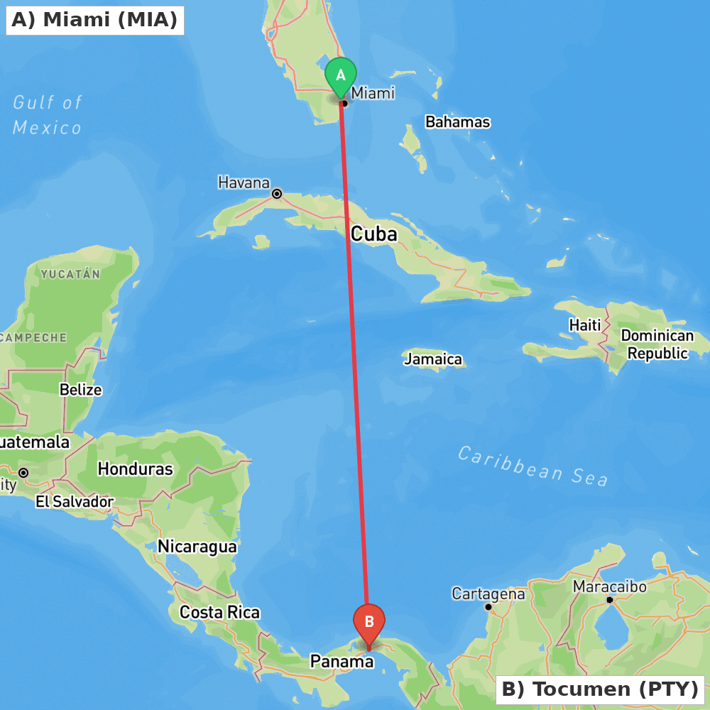 Flight route map from Miami to Tocumen