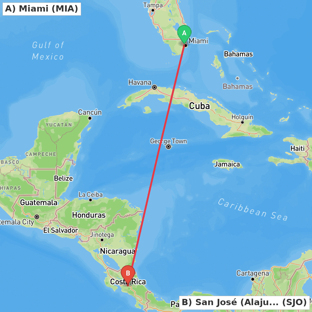 Flight route map from Miami to San José (Alajuela)