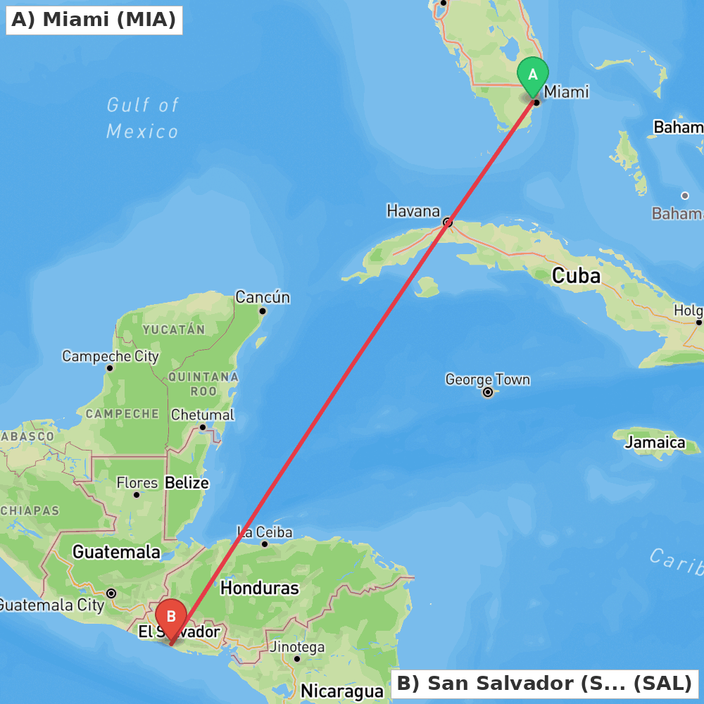 Flight route map from Miami to San Salvador (San Luis Talpa)