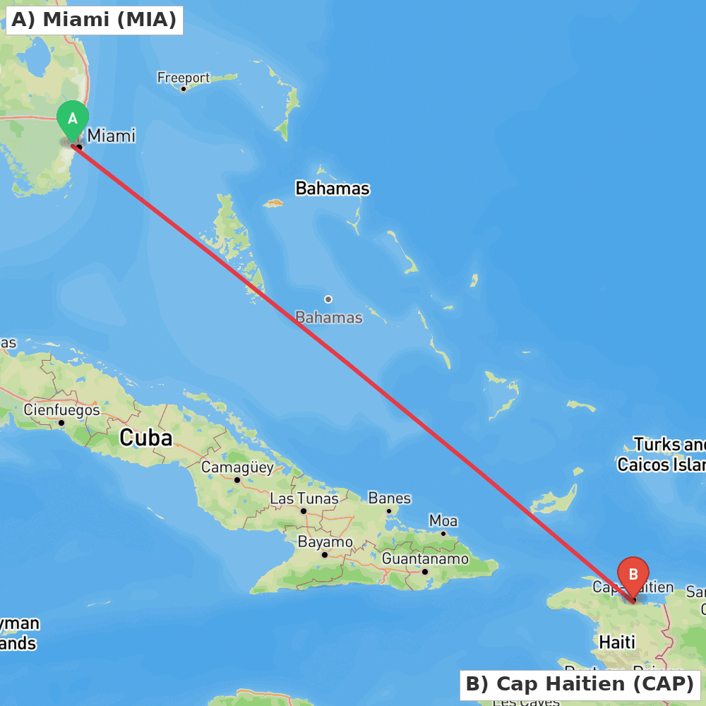 Flight route map from Miami to Cap Haitien