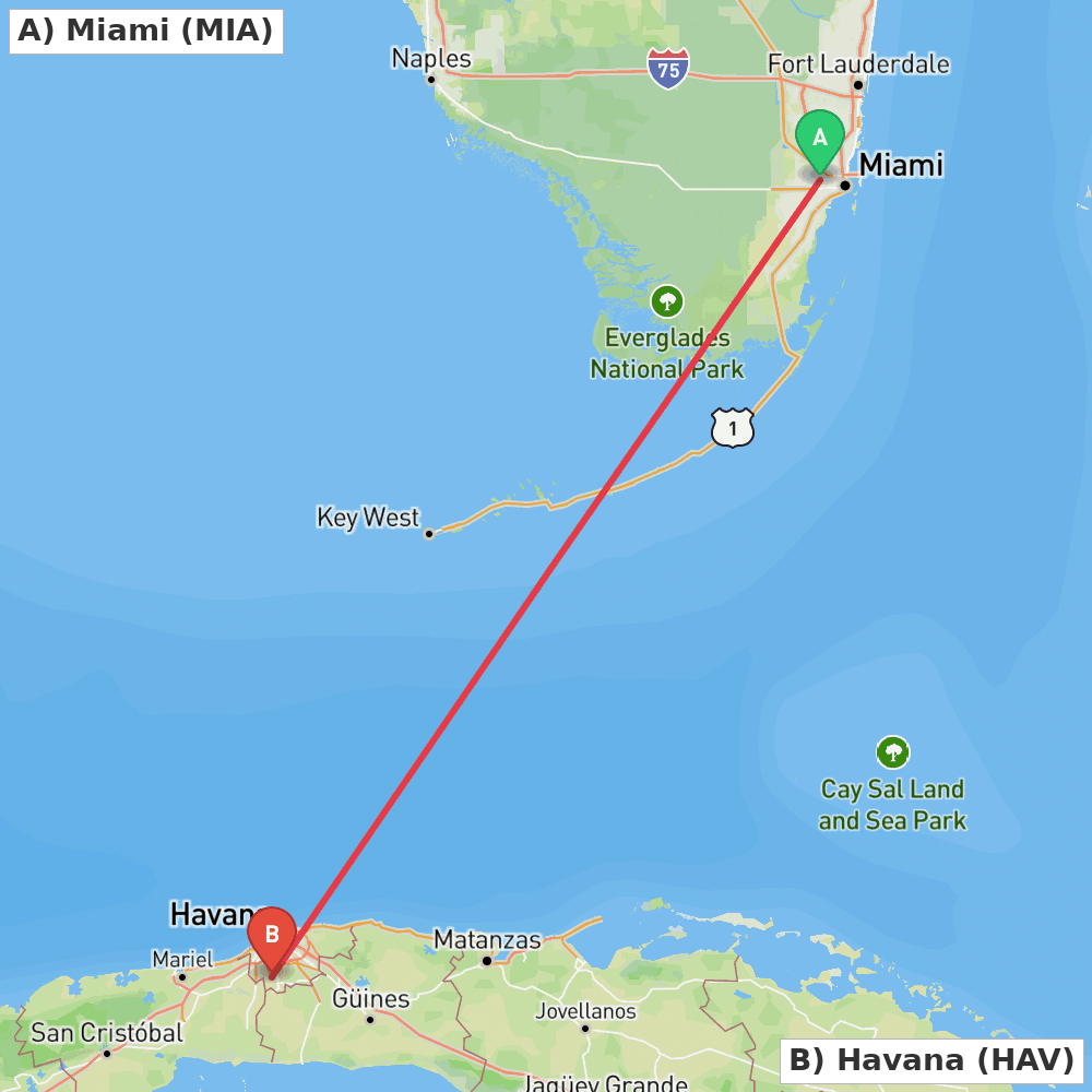 Flight route map from Miami to Havana