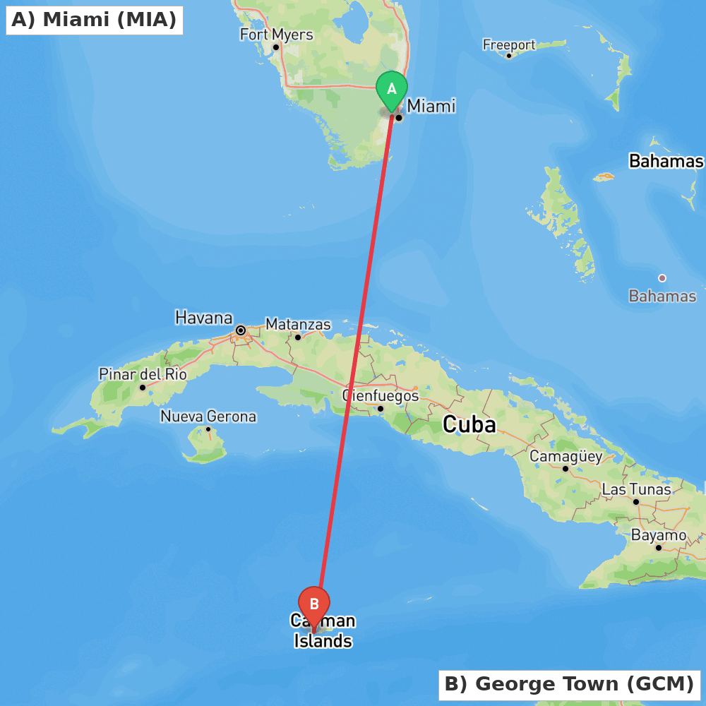 Flight route map from Miami to George Town