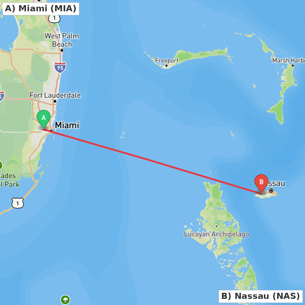 Flight route map from Miami to Nassau