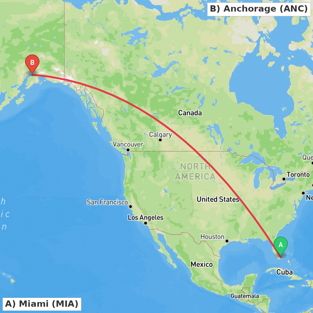 Flight route map from Miami to Anchorage