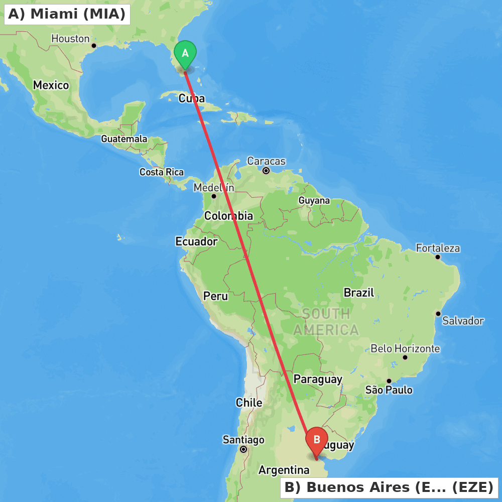 Flight route map from Miami to Buenos Aires (Ezeiza)
