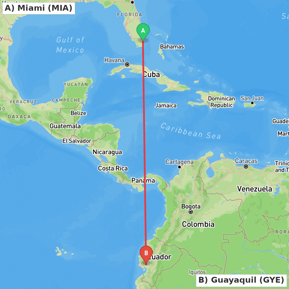 Flight route map from Miami to Guayaquil