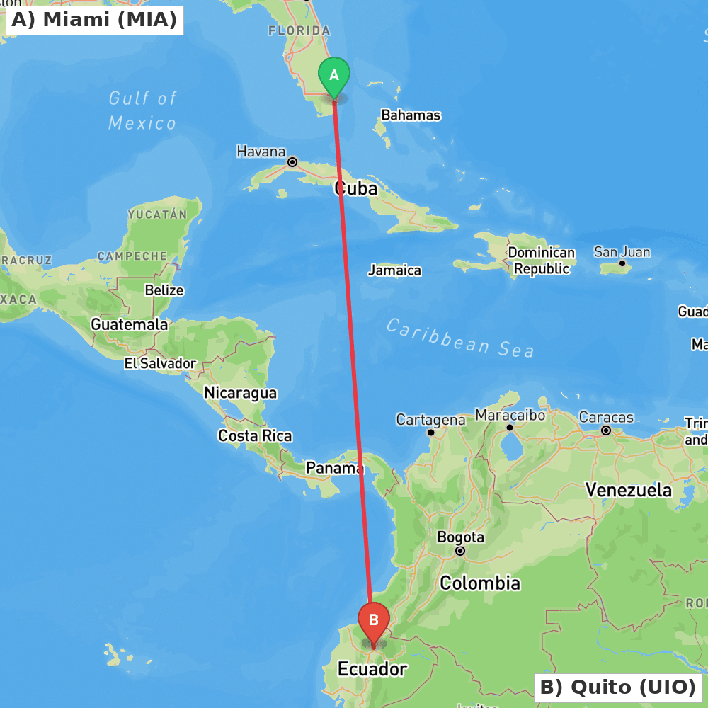 Flight route map from Miami to Quito