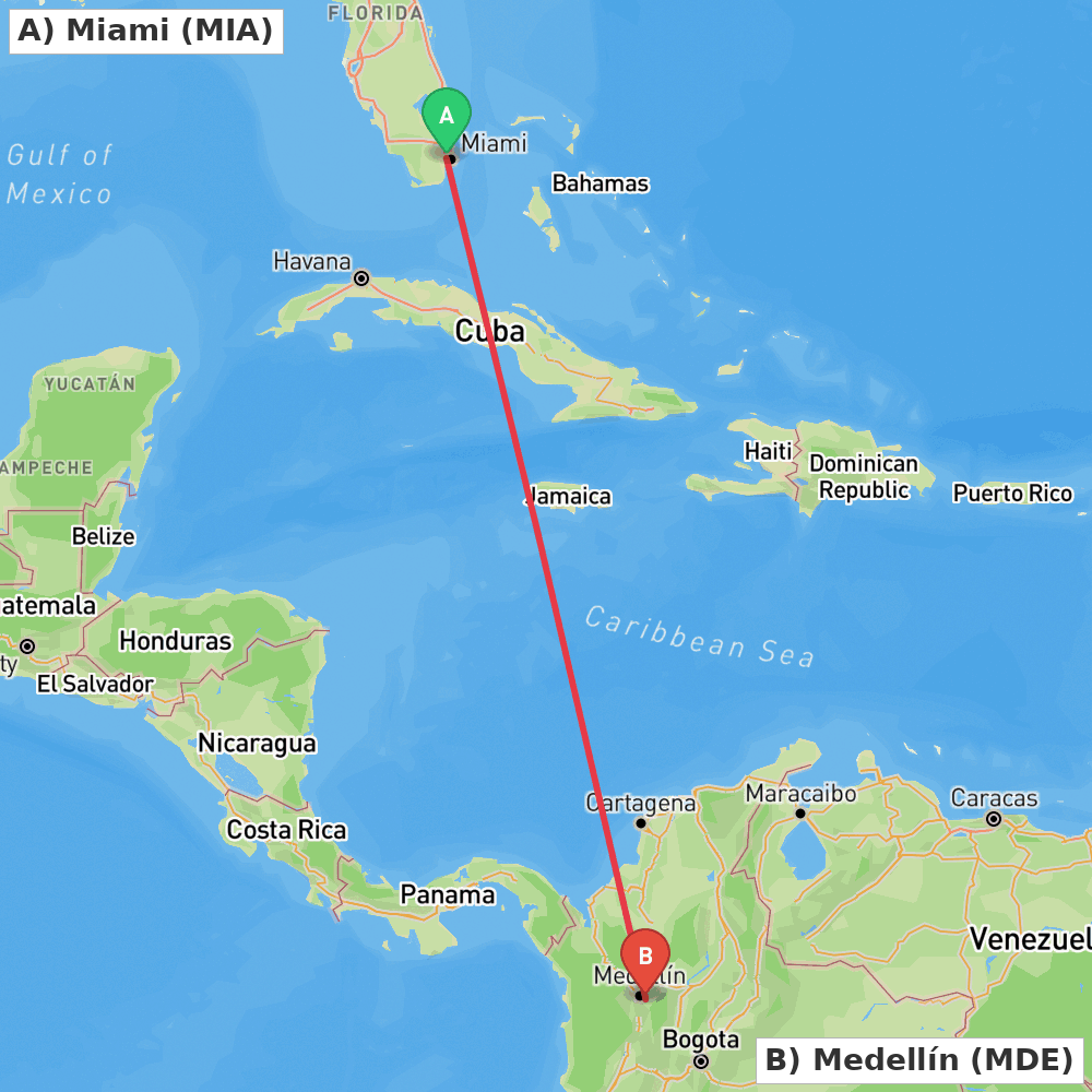 Flight route map from Miami to Medellín