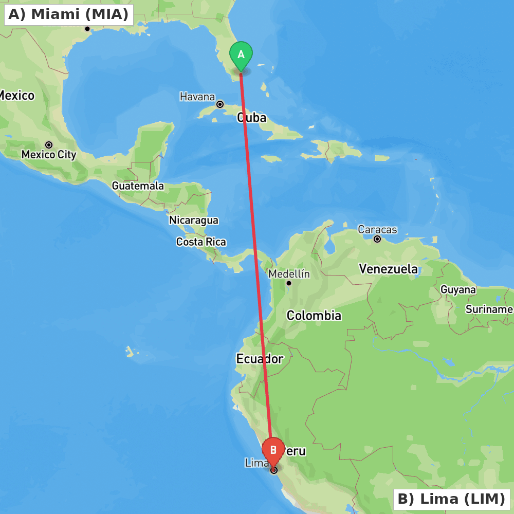 Flight route map from Miami to Lima