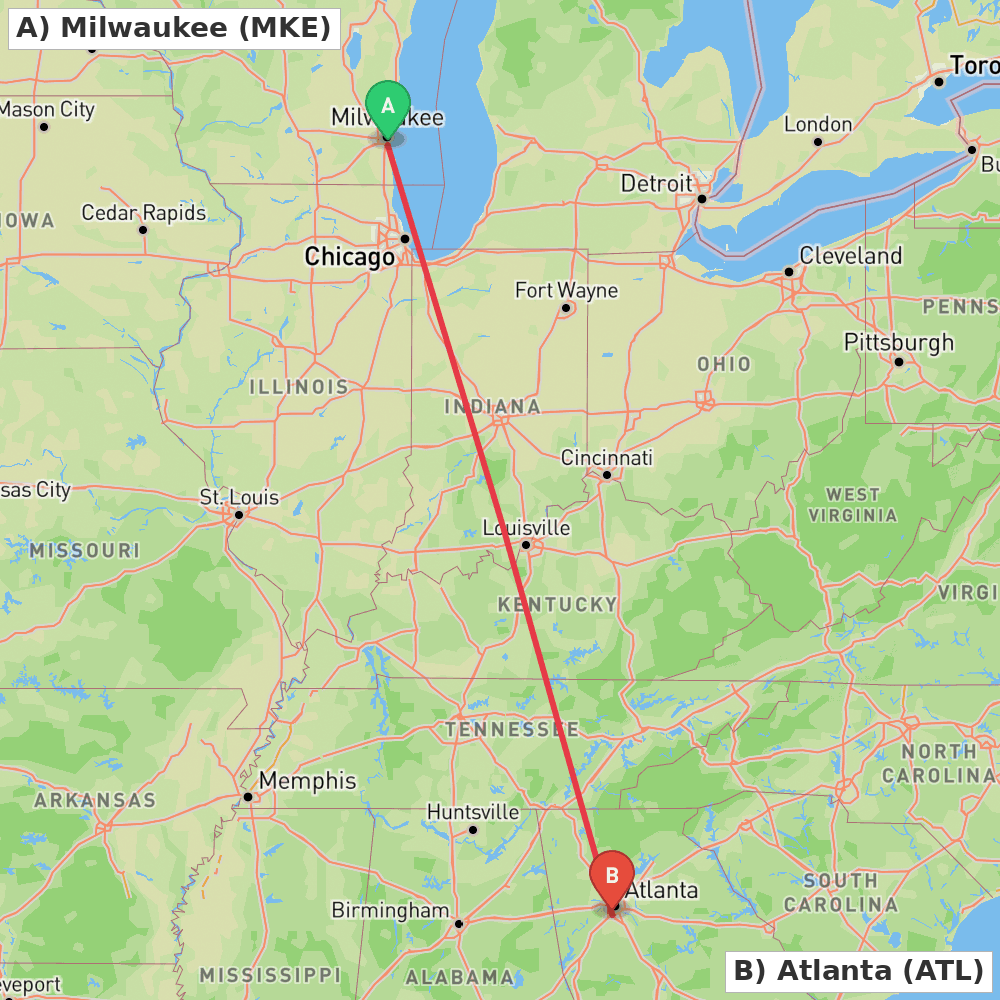 Flight route map from Milwaukee to Atlanta