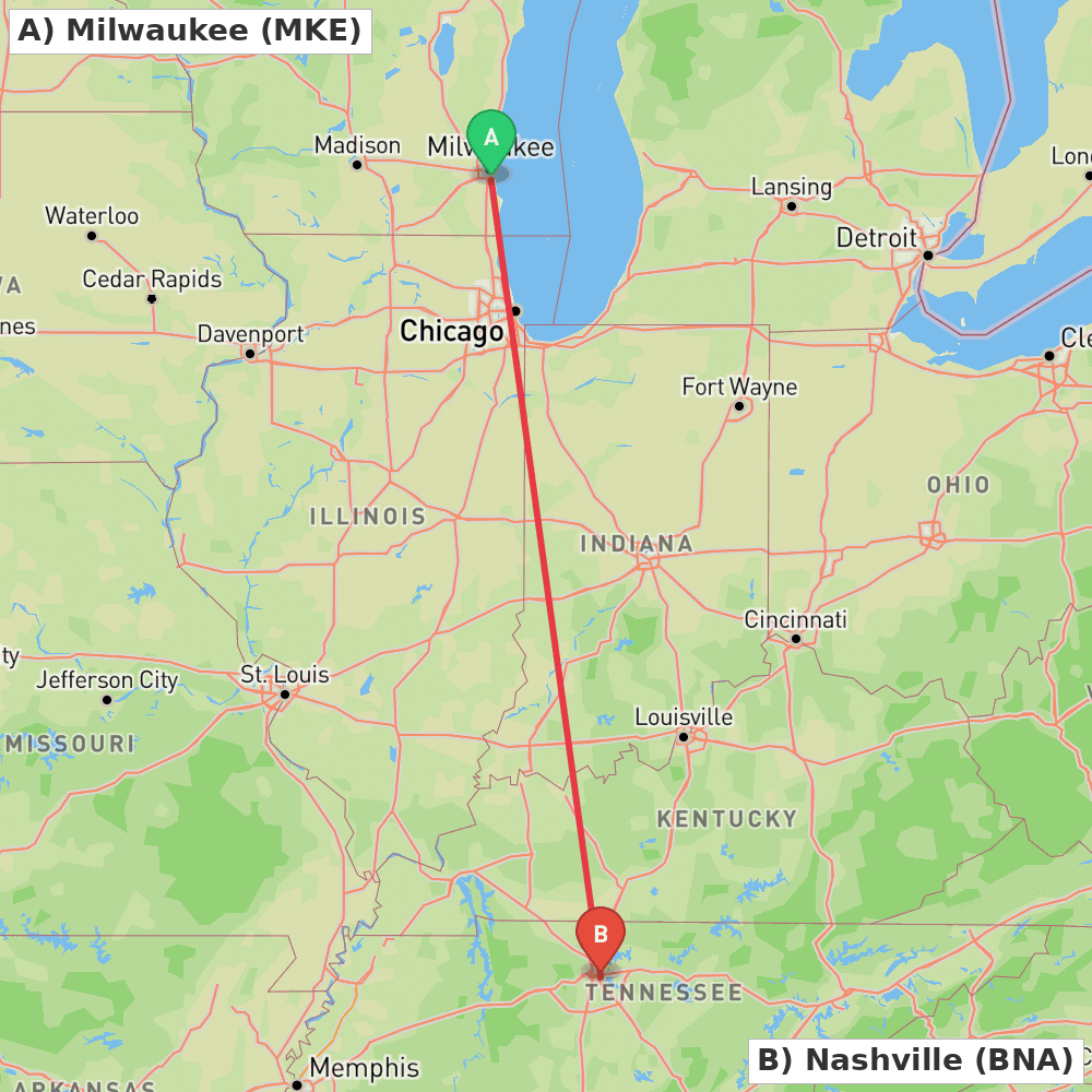 Flight route map from Milwaukee to Nashville