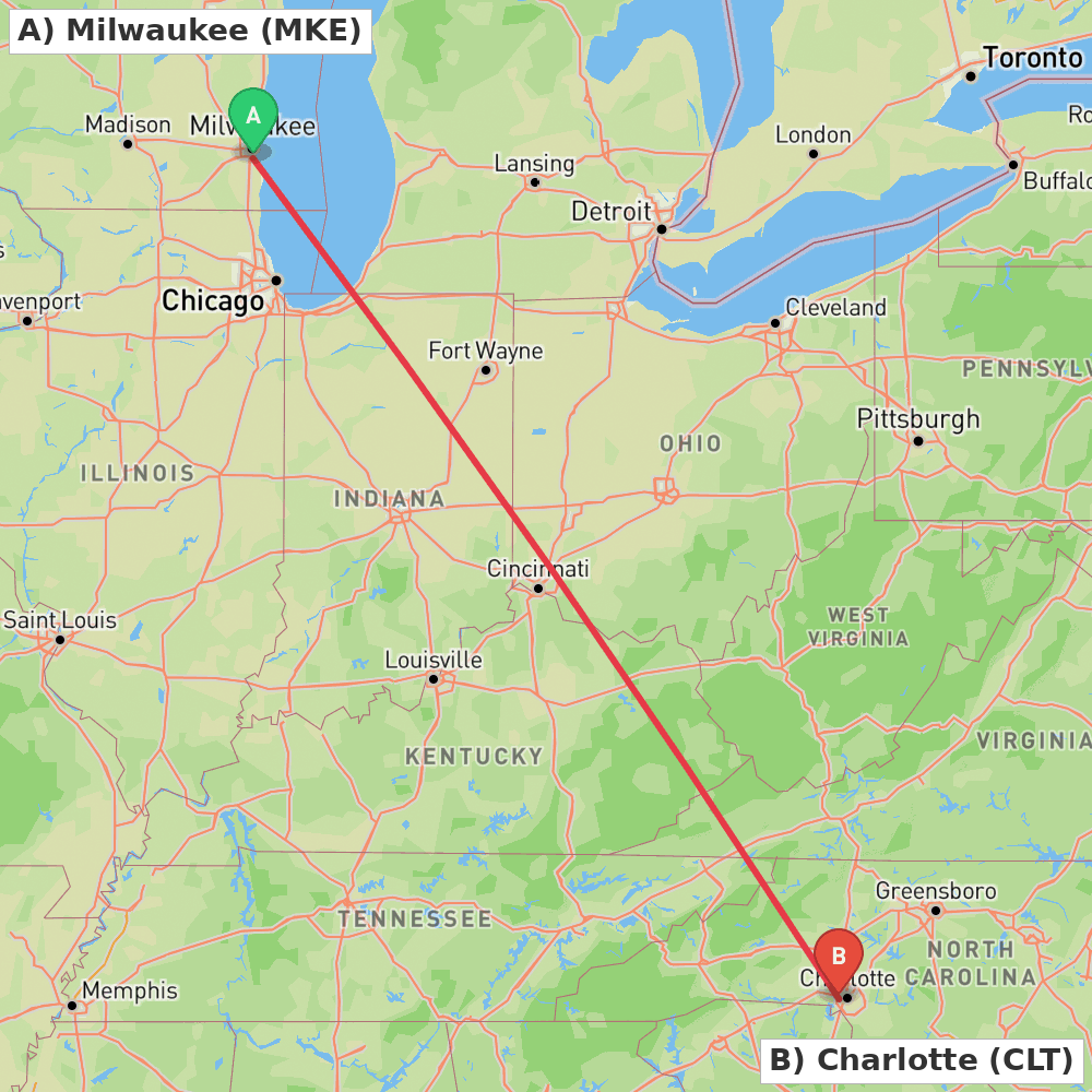 Flight route map from Milwaukee to Charlotte