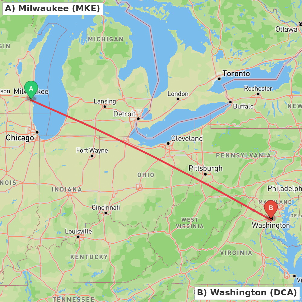 Flight route map from Milwaukee to Washington