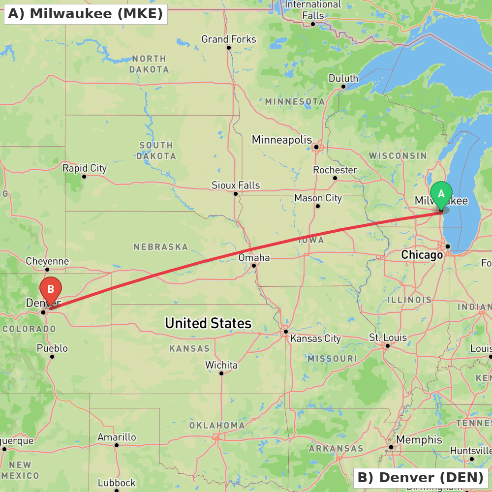Flight route map from Milwaukee to Denver