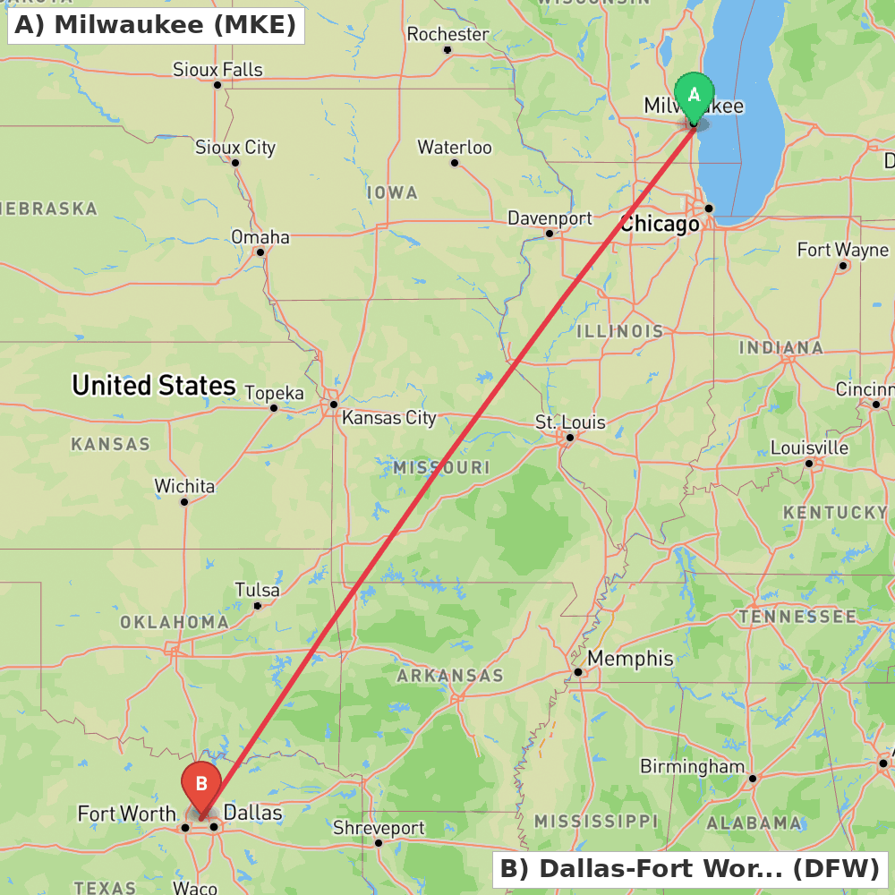 Flight route map from Milwaukee to Dallas-Fort Worth
