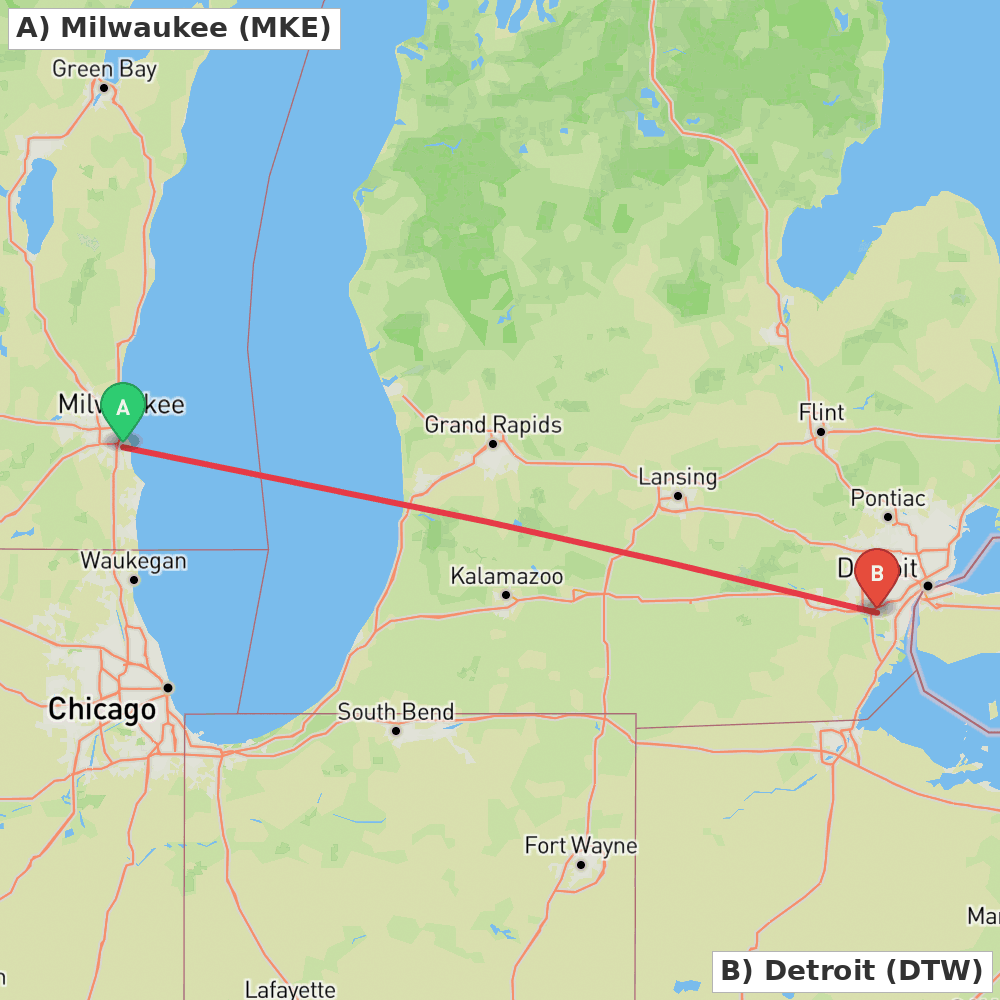Flight route map from Milwaukee to Detroit