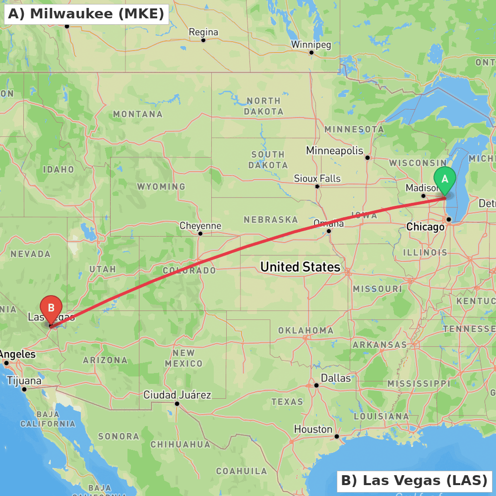 Flight route map from Milwaukee to Las Vegas