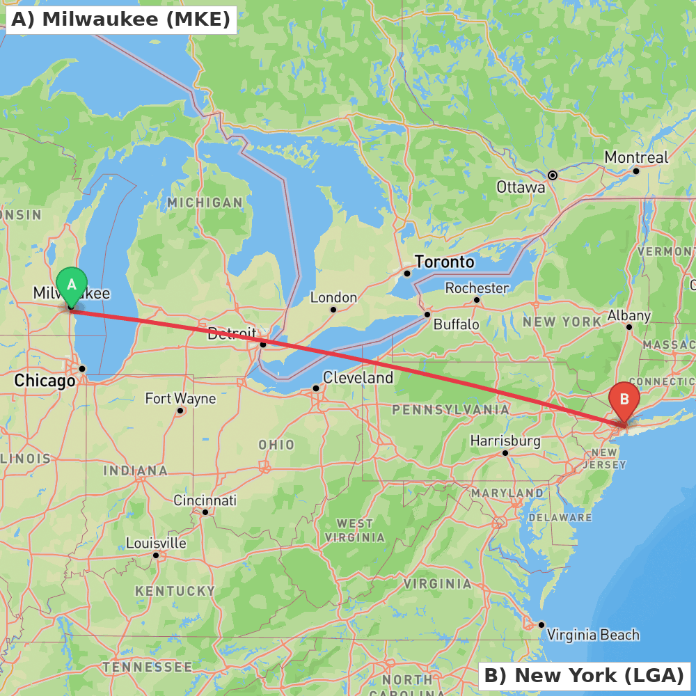 Flight route map from Milwaukee to New York