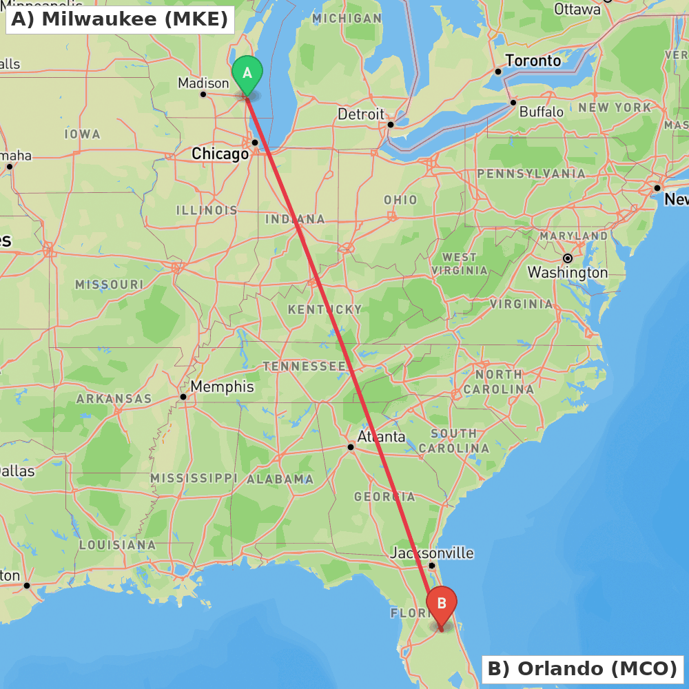 Flight route map from Milwaukee to Orlando