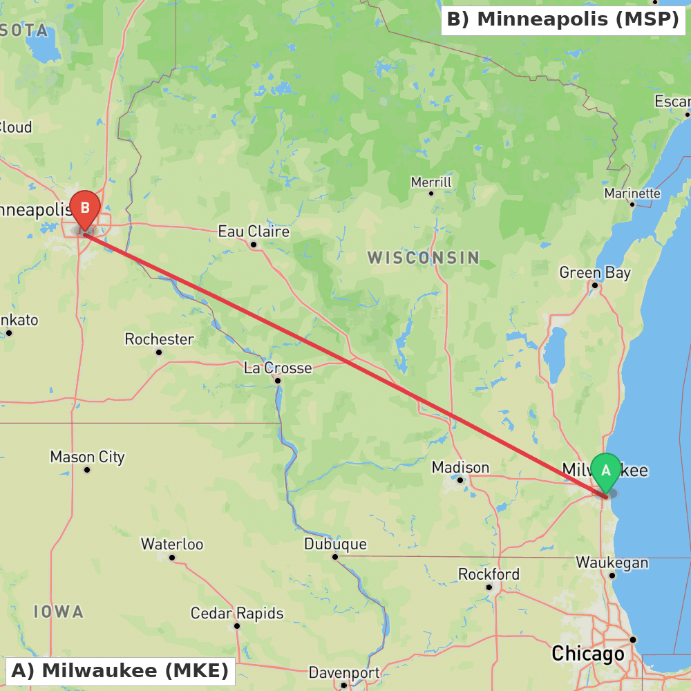 Flight route map from Milwaukee to Minneapolis