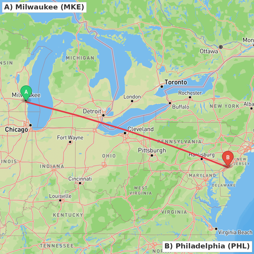 Flight route map from Milwaukee to Philadelphia