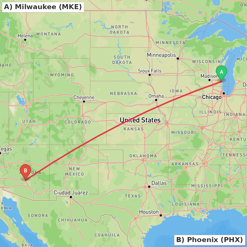 Flight route map from Milwaukee to Phoenix