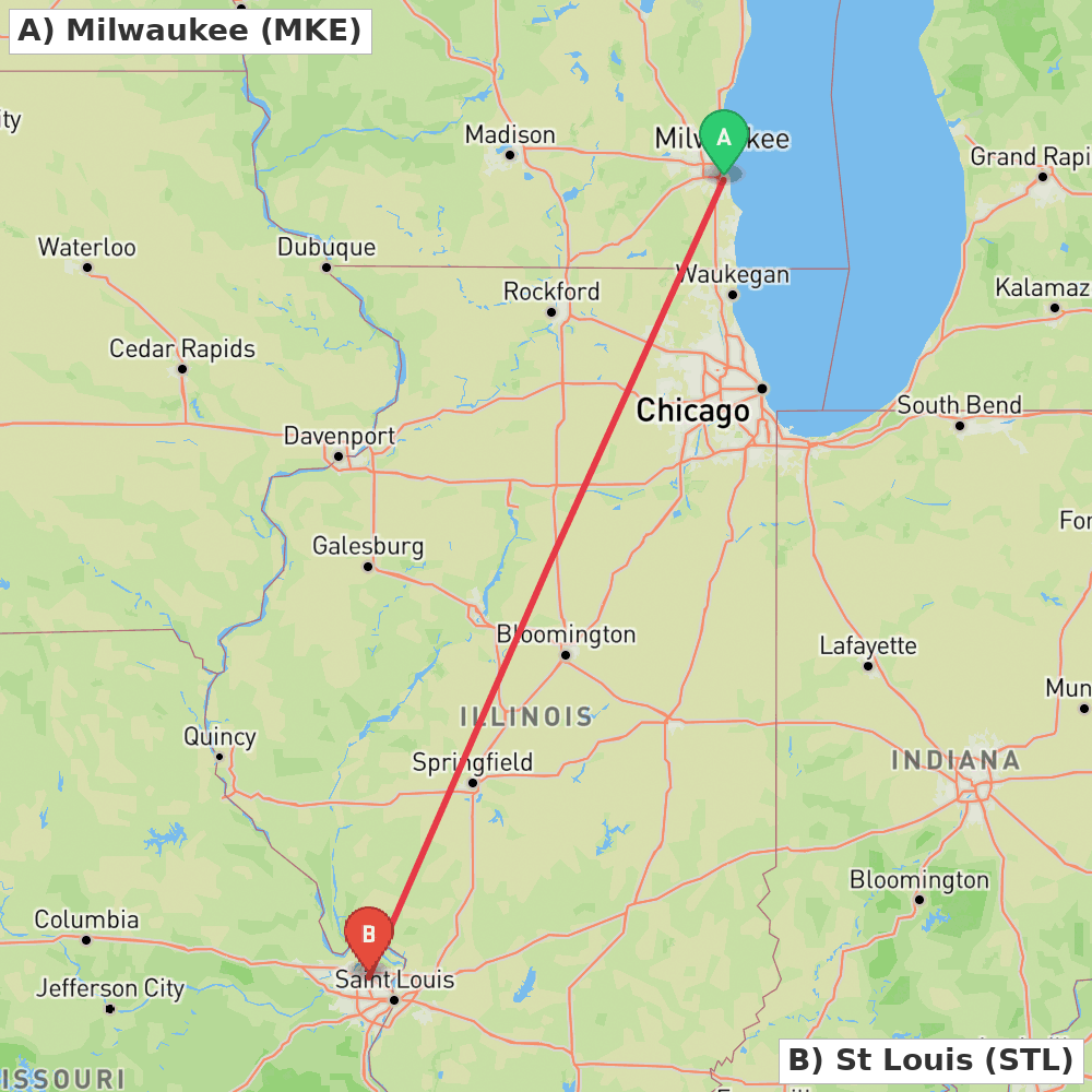 Flight route map from Milwaukee to St Louis