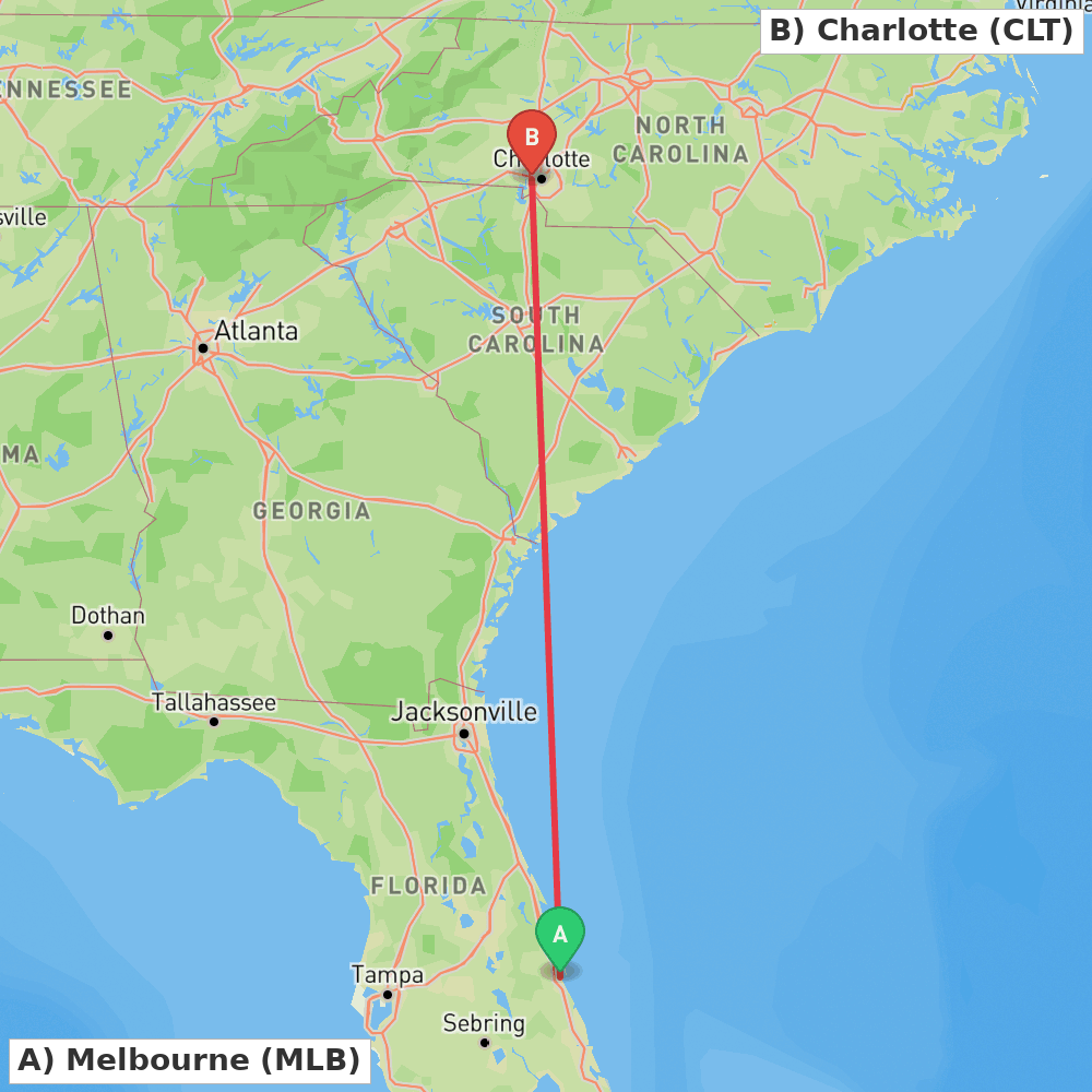 Flight route map from Melbourne to Charlotte