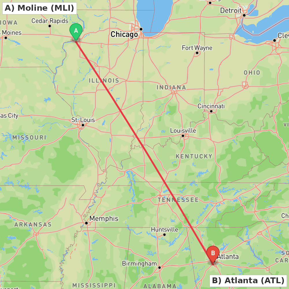 Flight route map from Moline to Atlanta