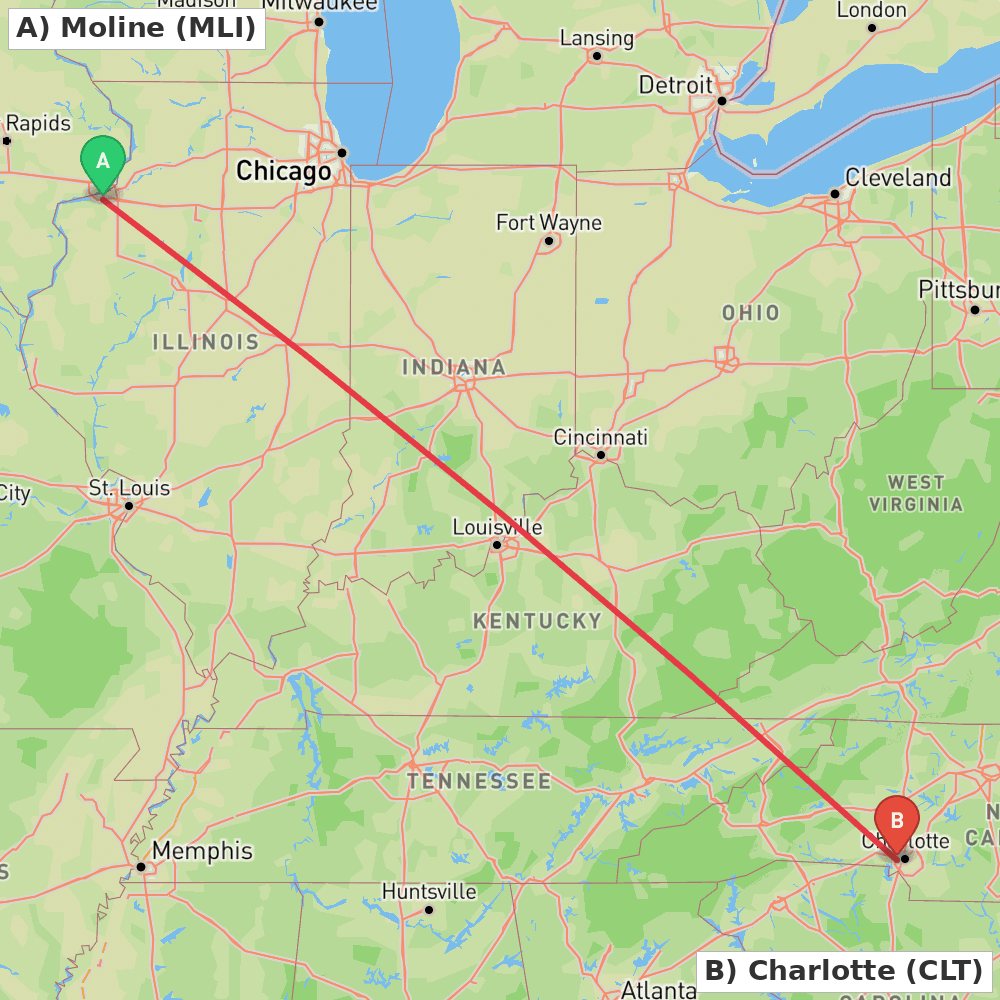 Flight route map from Moline to Charlotte