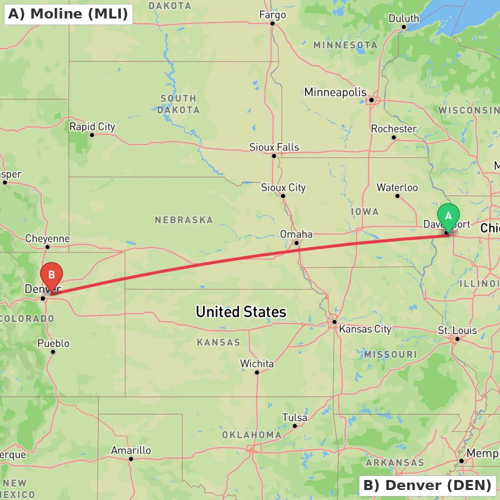 Flight route map from Moline to Denver