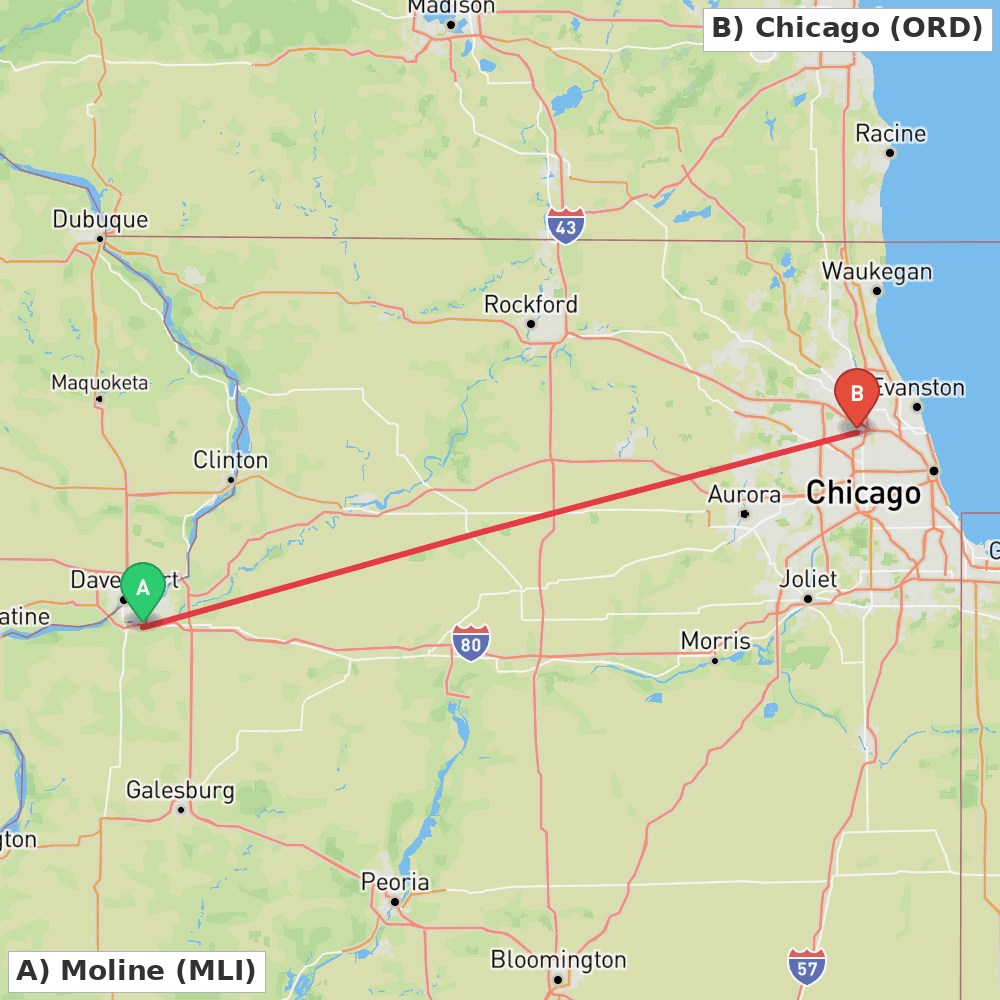 Flight route map from Moline to Chicago