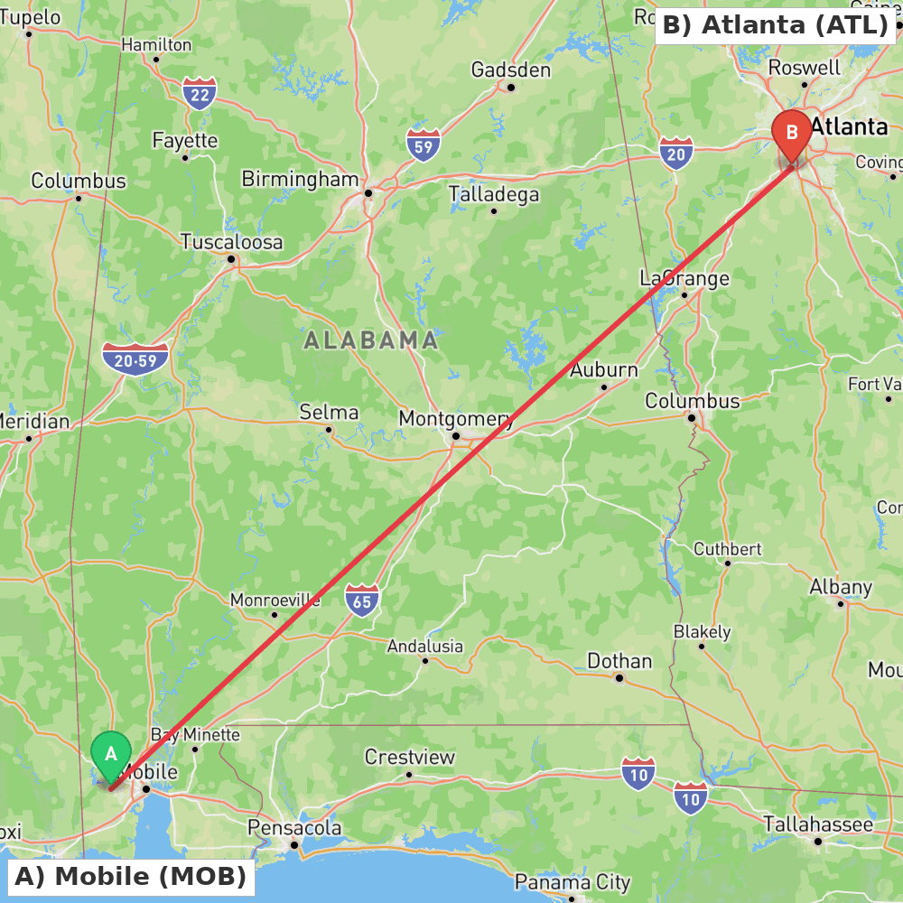 Flight route map from Mobile to Atlanta