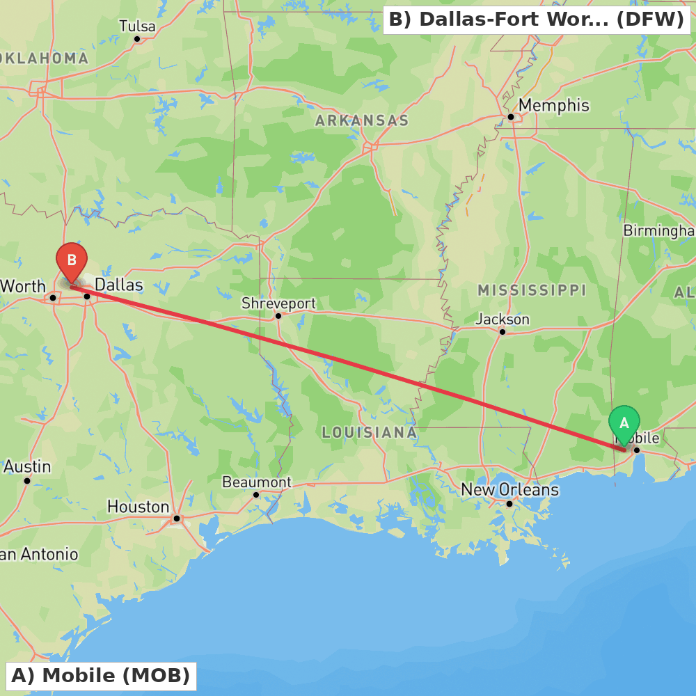 Flight route map from Mobile to Dallas-Fort Worth