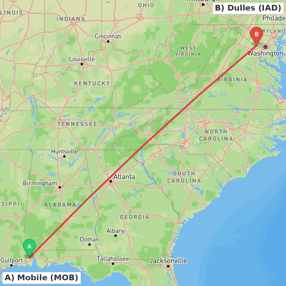 Flight route map from Mobile to Dulles
