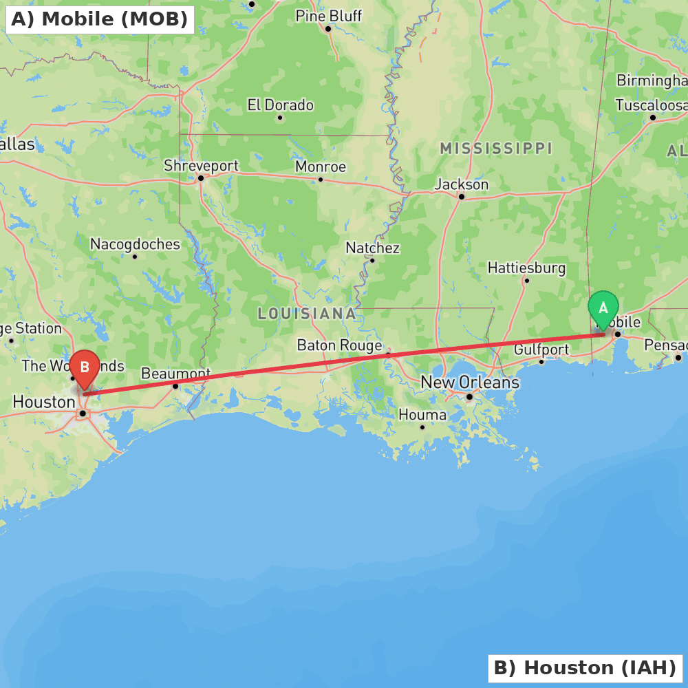Flight route map from Mobile to Houston