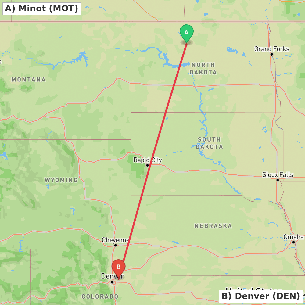 Flight route map from Minot to Denver